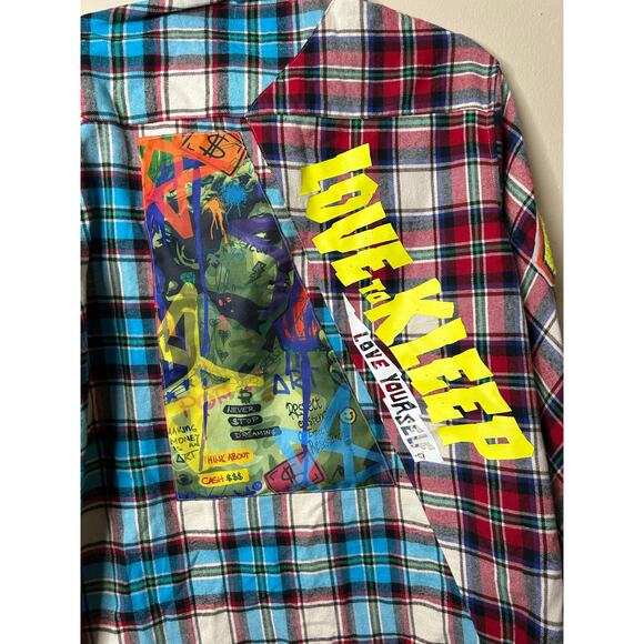 Men’s Large Kleep Gallant Premium Flannel Button Down Shirt Mixed Plaid Patches - Picture 4 of 8